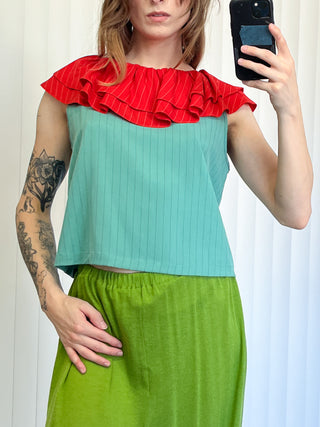 SAMPLE #184 - S Shift Tank With Ruffle Collar Tencel Stripe - Teal / Red