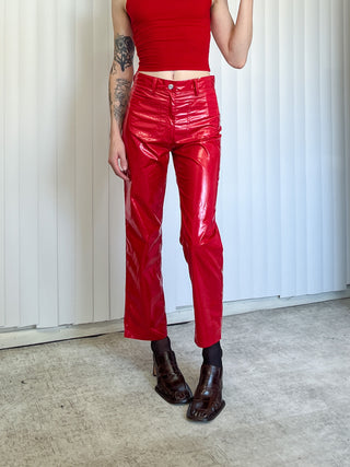 SAMPLE #123 - S/M  Shiny Straight Leg High Waisted Pants - Red