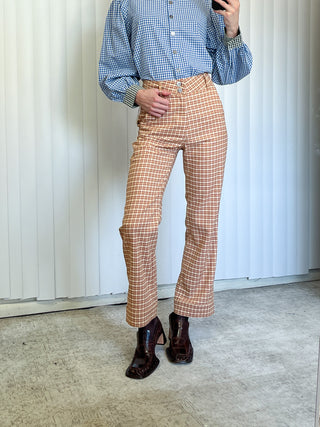 SAMPLE #124 - S Plaid Straight Leg High Waisted Pants - Brown / Tan
