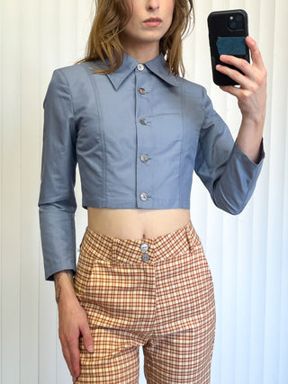 SAMPLE #167 - S Cropped Collared Button Up Blouse - Light Blue silk blend