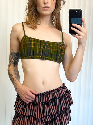 SAMPLE #191 - S Plaid Gathered Bra Top Spaghetti Straps - Green