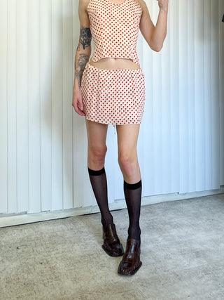 SAMPLE #132 - S Silk Polka Dot Mini Skirt - White / Red