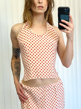 SAMPLE #178 - S Silk Polka Dot Backless Halter - Cream  / Red