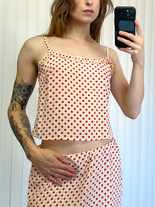 SAMPLE #179 - S Silk Polka Dot Ruffle Neckline Cami - Cream / Red