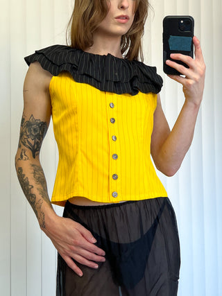 SAMPLE #183 - S Button Up Tank With Ruffled Collar Tencel Stripe - Yellow / Black