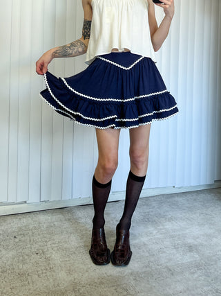 SAMPLE #131 - S Loretta Ruffle Soft Linen Skirt  - Navy / White