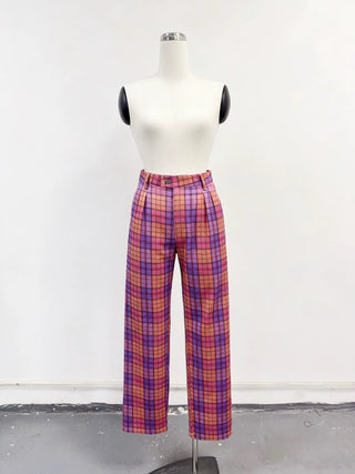 SAMPLE #230 - S Pleated Straight Leg Pants - Purple Plaid