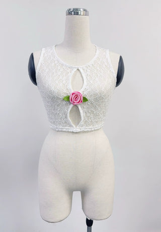 SAMPLE #235 - S Lace Hole Punch Pink Rose Crop Tank - White