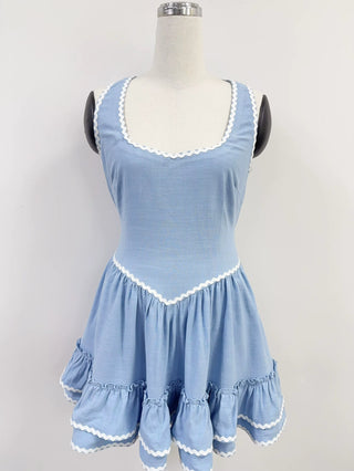 SAMPLE #274 - S Soft Linen Loretta Ruffle Dress - Light Blue / White
