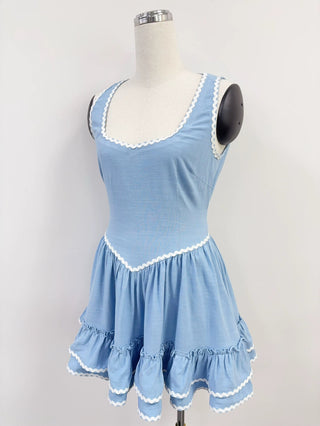 SAMPLE #274 - S Soft Linen Loretta Ruffle Dress - Light Blue / White