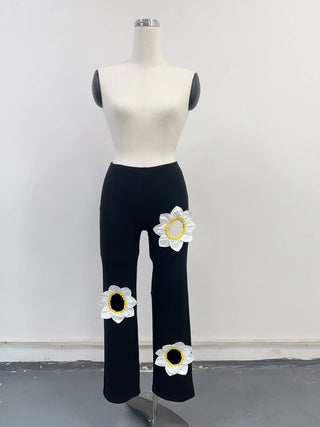 SAMPLE #227 - S Tencel Rib Flower Cutout Pants - Black