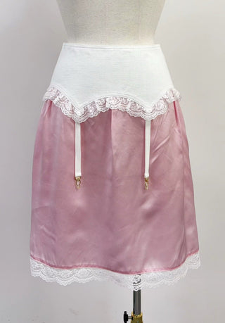 SAMPLE #217 - S Silk Garter Slip Skirt - Pink / White