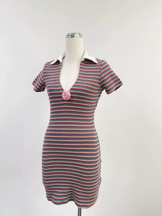 SAMPLE #277 - S Plunge Polo Mini Dress With Rose - Monsanto Stripe