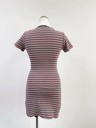 SAMPLE #277 - S Plunge Polo Mini Dress With Rose - Monsanto Stripe