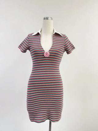 SAMPLE #277 - S Plunge Polo Mini Dress With Rose - Monsanto Stripe