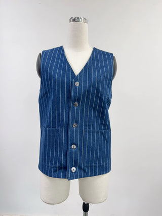 SAMPLE #259 - Unisex S Railroad Stripe Denim Long Vest - Blue