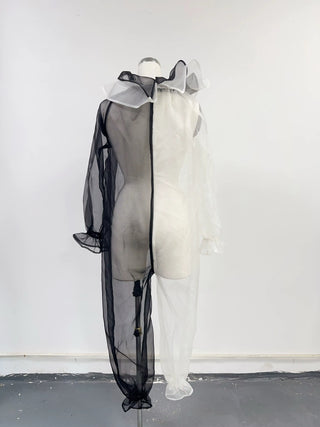 SAMPLE #290 - XL-3X Silk Organza Clown Split Jumpsuit - Black / White
