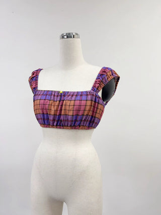 SAMPLE #231 - S Soft Linen Cap Sleeve Bra Top  - Purple Plaid