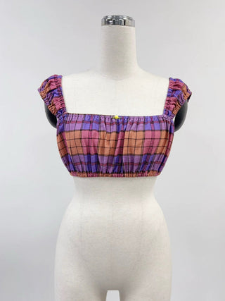 SAMPLE #231 - S Soft Linen Cap Sleeve Bra Top  - Purple Plaid