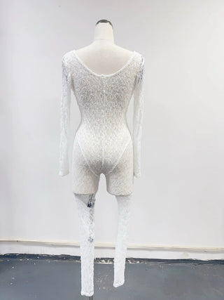 SAMPLE #288 - M Lace Longsleeve Scoop Neck Catsuit - White