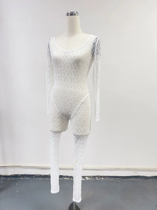SAMPLE #288 - M Lace Longsleeve Scoop Neck Catsuit - White