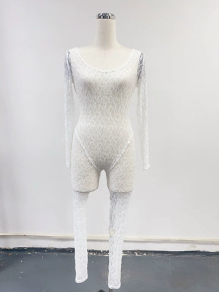 SAMPLE #288 - M Lace Longsleeve Scoop Neck Catsuit - White