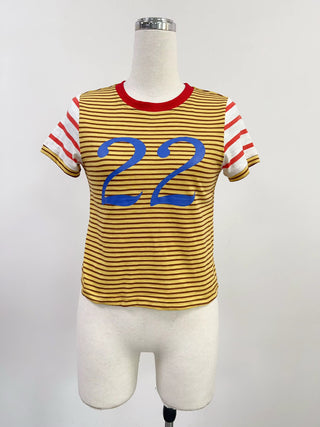 SAMPLE #241 - S Striped Cropped Number Tee - Yellow Stripe