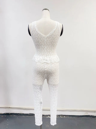 SAMPLE #289 - M Sleeveless Lace Ruffle Catsuit - White