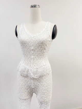 SAMPLE #289 - M Sleeveless Lace Ruffle Catsuit - White