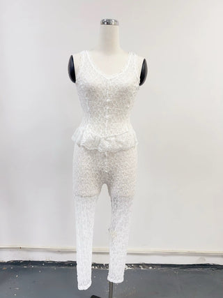 SAMPLE #289 - M Sleeveless Lace Ruffle Catsuit - White