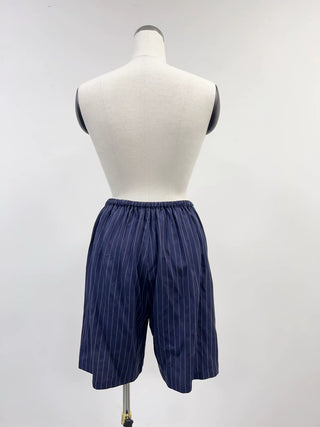 SAMPLE #225 - S Tencel Long Drawstring Shorts - Navy Stripe / Mint