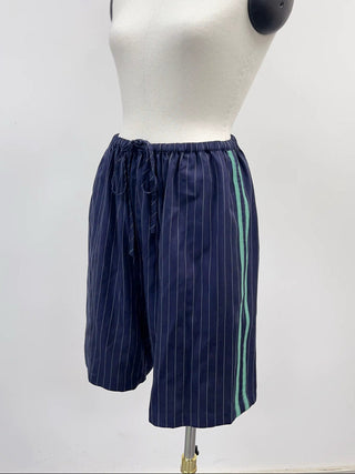 SAMPLE #225 - S Tencel Long Drawstring Shorts - Navy Stripe / Mint