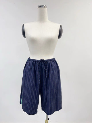 SAMPLE #225 - S Tencel Long Drawstring Shorts - Navy Stripe / Mint