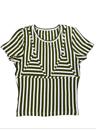 SAMPLE #243 - S Vertical Stripe Bikini Bod Short Sleeve Tee - Olive / White