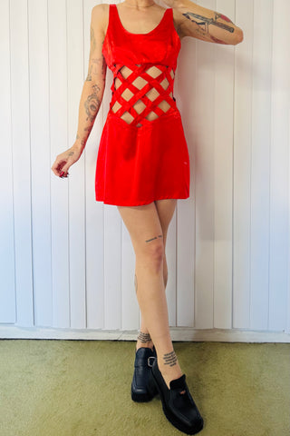 SAMPLE #787 - S Red Silk Lattice Mini Dress Fashion Brand Company SAMPLE #787 - S Red Silk Lattice Mini Dress Fashion Brand Company