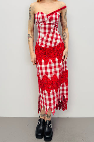 SAMPLE #276 - S Bright Red Lace Gingham Maxi Dress