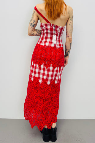 SAMPLE #276 - S Bright Red Lace Gingham Maxi Dress