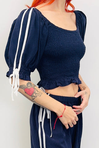 SAMPLE #481 - S Navy Sport Smock Blouse silver ribbon
