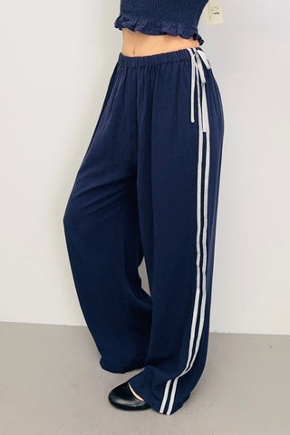 SAMPLE #482 - S Navy Sporty Linen Lazy Pants silver ribbon