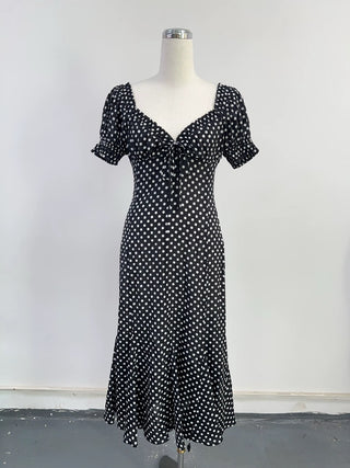 SAMPLE #357 - S Silk Polka Dot Smocked Neck Dress - Black