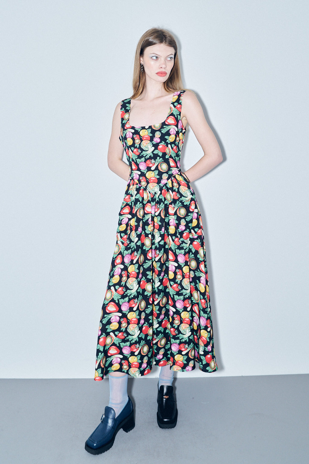 Tradwife Soft Linen Dress Vegetable Medley