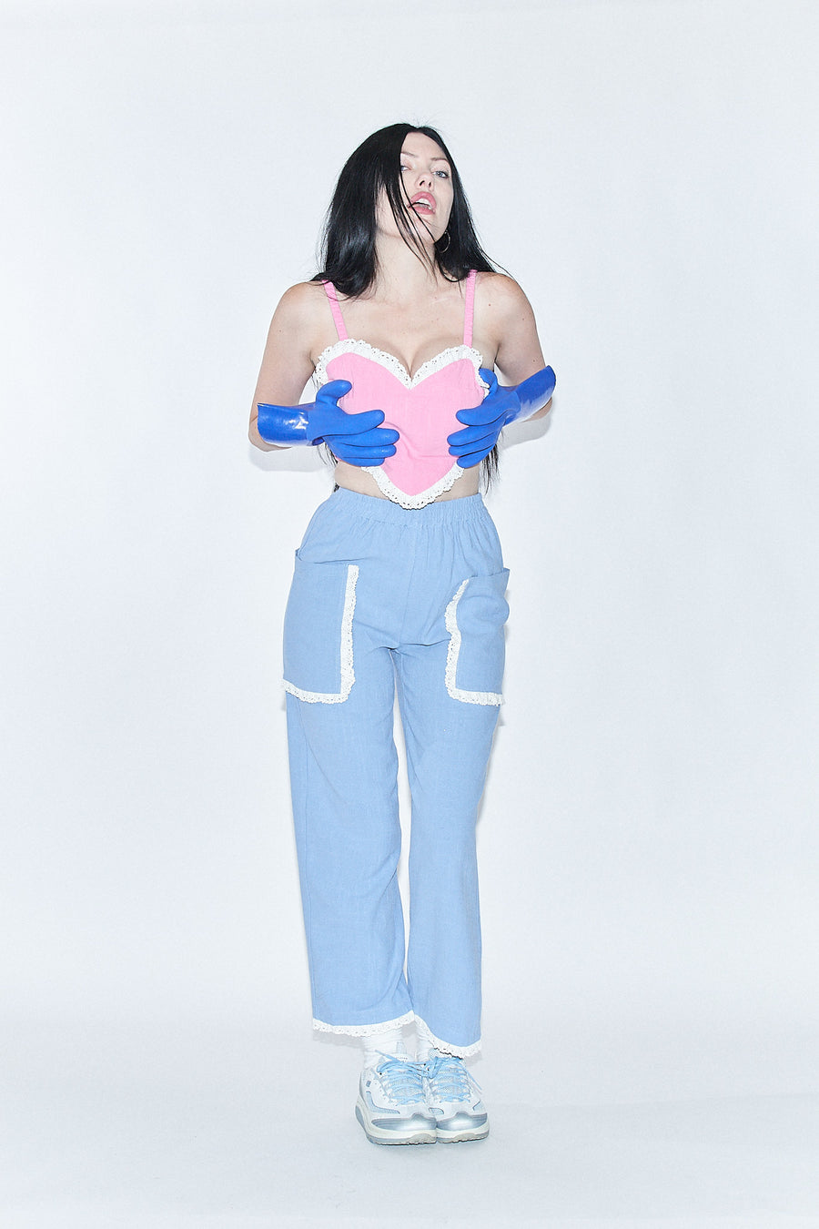 Pink heart Smocked Linen Crop Top