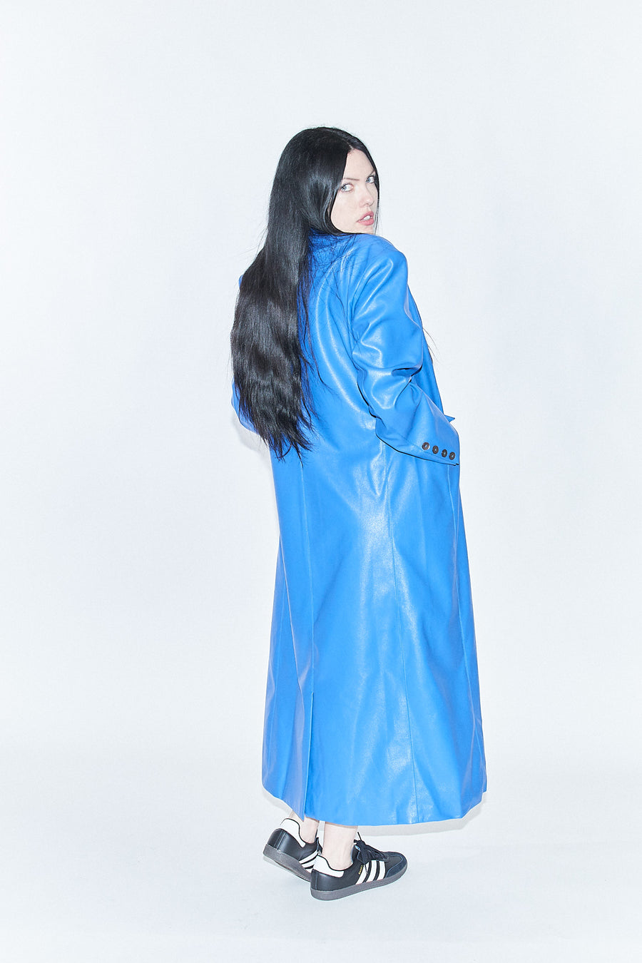 Unisex Blue Faux Leather Long Coat