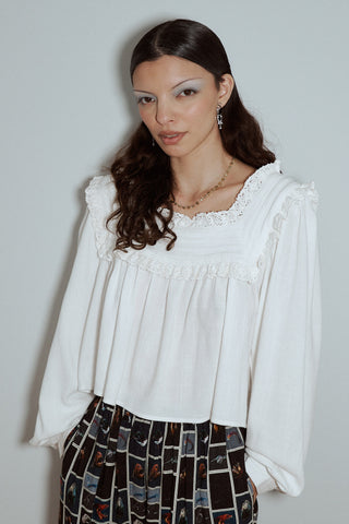 Square Neck Long Sleeve Soft Linen Blouse White