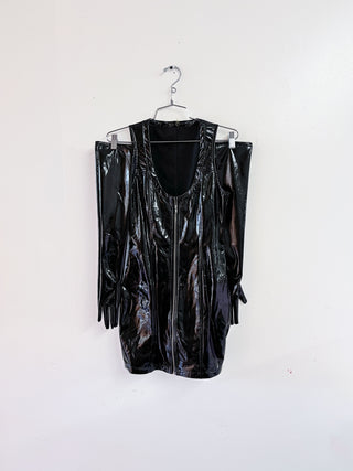 SAMPLE #283 - S Vinyl Zipper Mini Dress With Gloves - Black