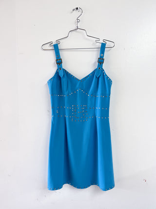 SAMPLE #270 - S Buckle Strap Rhinestone Belt Mini Dress - Aqua