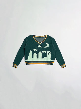 SAMPLE #248 - S V-Neck Cityscape Sweater - Green / Mint