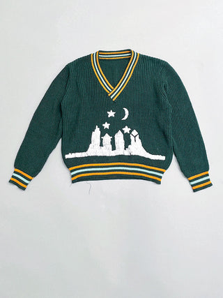 SAMPLE #249 - S/M V-Neck Embroidered Cityscape cotton Sweater