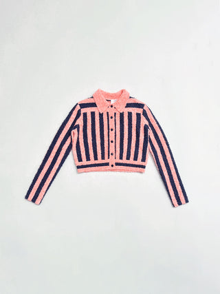 SAMPLE #255 - S Boucle Collared Striped Cardigan - Navy / Pink