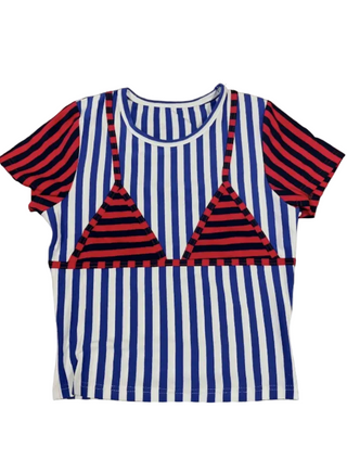 SAMPLE #240 - S Vertical Stripe Bikini Bod Short Sleeve Tee - Blue / Red